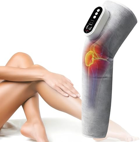 Sladdlös, bärbar elektrisk ben- och fotmassageapparat med värme- och lufttrycksfunktion, tre justerbara lägen och tre intensiteter för värme, knådmassage och avkoppling. Grå