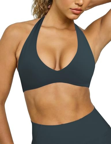 Ieumaz Halter Sports Bras for Women Minimal Deep V Neck Open Back Wireless Workout Gym Yoga Bra Dark Blue