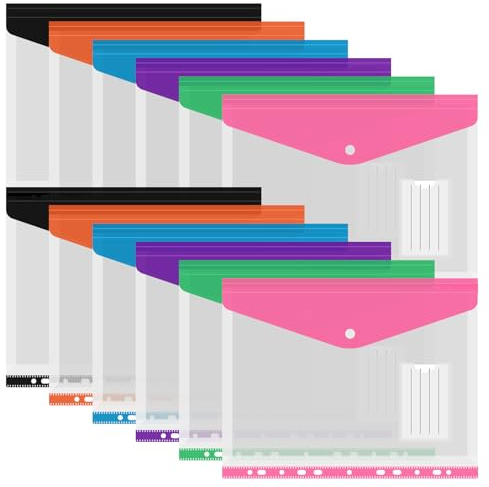 Lote de 12 Portafolios A4 Plastico, Sobres Plastico A4, Micas Transparentes, Bolsillos Perforados Expandibles, Carpetas Plastico, Impermeable,Con Agujeros Para Encuadernación Y Bolsa Para Etiquetas