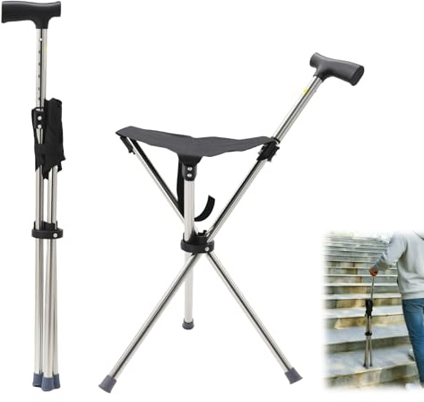 Gångkäpp med stativ, 80–90 cm vikbar och höjdjusterbar, halkfri silikonbas, kan belastas upp till 150 kg, för seniorer 140–190 cm (svart)