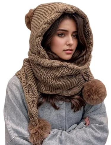 éCharpe à Capuche Ensemble bonnet et écharpe d'hiver for femme - Bonnet à pompon cagoule en laine thermique for grand froid. polyvalent avec intégrée(Khaki)