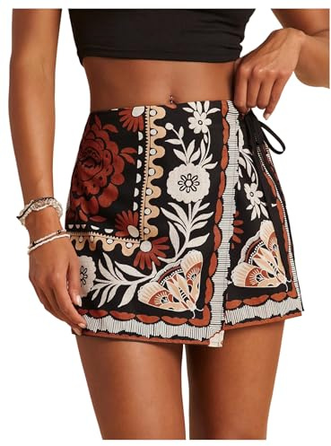 GORGLITTER Women's Boho Floral Wrap Mini Skorts Skirt Shorts | Tie Side, Straight Leg, Elastic Waist Skort Skirt for Festival, Vacation, Beach, Summer, Going Out