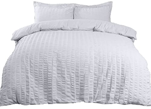 Highams Seersucker King Size Duvet Cover Set, Super Soft Cosy Warm Luxurious Plain Dye Textured Ruffled Seersucker Quilt King Size Duvet Set with Pillowcases - White