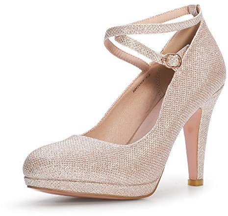 IDIFU Women's Tracy Platform High Heels Closed Toe Pumps Strappy Cross Ankle Strap Shoes for Casual Work Wedding (8 M US, Gold Glitter)