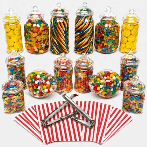 14 Plastic Sweet Jars, 7 Styles, 2 Tongs and 50 Bags. Ideal for Party, Wedding, Sweet Table, Candy Buffet (Red Candy Stripe Bags)