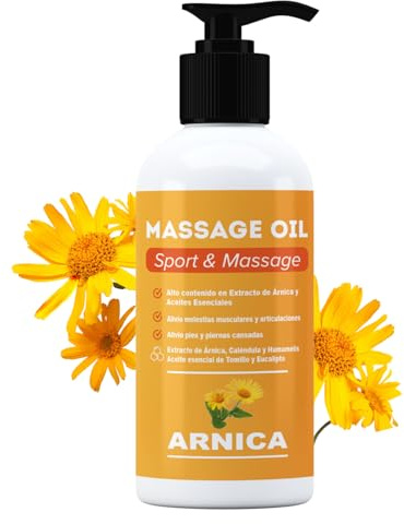 QKnatur - Huile d'Arnica - 500ml - Huile de massage aux extraits d'Arnica, Calendula et Hamamélis - Récupération musculaire - Effet relaxant pour douleurs musculaires, dos, épaules, pieds, genoux
