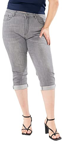 Nina Carter P200 Jean Capri Femme Grande Taille Stretch Taille Haute Jean 3/4 Style Décontracté Usé Pantacourt d'Été Élastique, Hellgrau (P200-7), 44