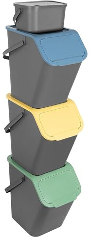 Go Practic - Set di 3 pattumiere impilabili, set per la raccolta dei rifiuti in cucina, con coperchio a scatto, sistema per la raccolta differenziata, 3 x 25 l, colore grigio