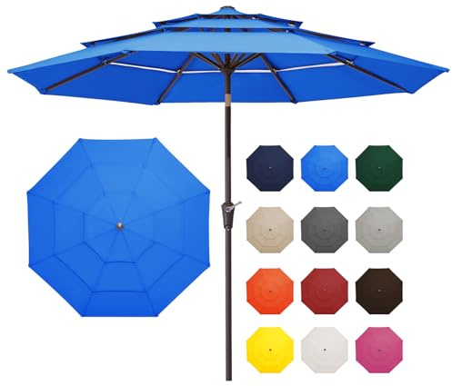 JEAREY 9FT 3 Tier Patio Umbrella Outdoor Market Umbrella Table Umbrellas with 8 Ribs 1.5 Pole Push Button Tilt and Crank UV Protection for Garden,Royal Blue