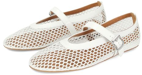 MICIFA Women's Mesh Ballet Flats Fishnet Ballerina Flats Buckle Strap Mary Jane Causal Daily Dress Shoes White