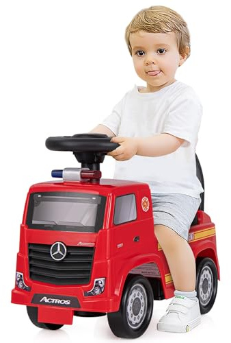 COSTWAY Coche Correpasillos para Niños, Camión de Bomberos para Niños Mercedes-Benz, Música y Bocina, Juguete para Sentarse y Patinar con Volante y Espacio de Almacenamiento Oculto, Carga 23 kg