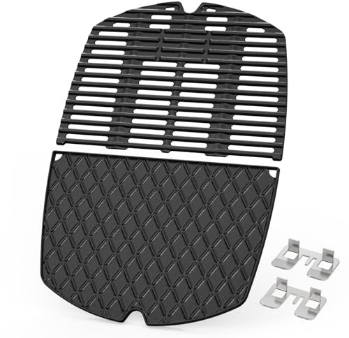 onlyfire Set of Cast Iron Griddle Plate and Cooking Grate for Weber Q200 Q220 Q240 Q2000 Q2200 Q2400 Grills, Replacement for Weber 6559/7645