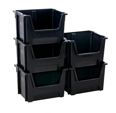 BiGDUG Essentials Large Stacking Pick Bins - 320H x 495W x 390D mm - 50L Capacity Plastic Storage Boxes (Black, Pack of 5)