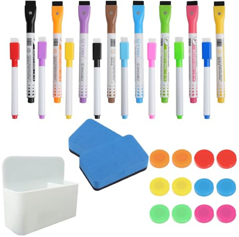 31 Piezas de Accesorios de Pizarra Blanca, SHAIDOJIO 16 Rotuladores Pizarra Blanca, 1 Portalápices Magnético, 2 Esponjas de Pizarra y 12 Imanes, Accesorios Pizarra Magnetica para Oficina en Casa