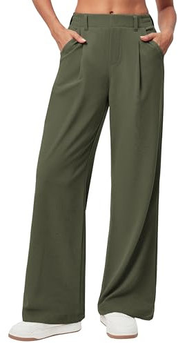 Timuspo Palazzo Hose Damen Elegant Frühling und Sommer Locker Marlenehose Lässig High Waist Hosen Stretch Freizeithose mit Taschen Armee-grün L