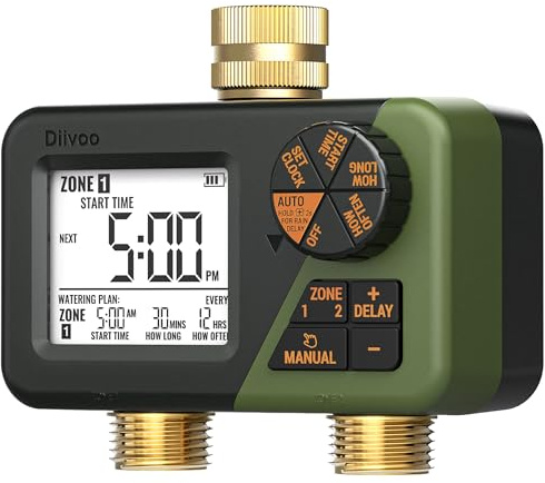 Diivoo Ottone Timer Irrigazione, Centralina Irrigazione 2 Vie con IP66 Impermeabile, Ampio Display LCD, Ritardo Pioggia e Irrigazione Manuale, Temporizzatore Irrigazione per Giardini, Prati e Patii