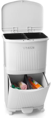 Warmiehomy Recycling Bins for Kitchen Double Bin with Pedal 36L Rubbish Bin with Inner Bucket Dry and Wet Separation 3 Compartment Bin with Wheels