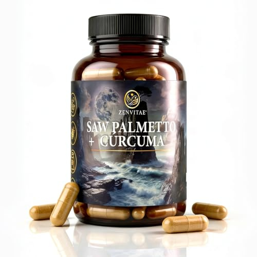 ZENVITAE Saw Palmetto para Bienestar y Caída del Pelo 90 Capsulas para 3 Meses Reduce Visitas Nocturnas al Baño Concentrado de Alta Potencia con Cúrcuma y Zinc 8.000 mg 20:1