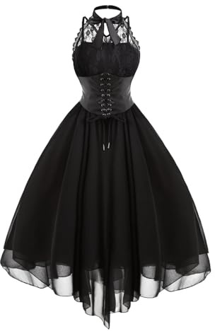 Retro Robe Bretelles Femme Longue Ourlet a Volant Asymetrique A-Line Victorienne Steampunk Gothique Medieval Deguisement Halloween Costume Femme Mini Soirée Robes Punk Robes de Club (Black,M)