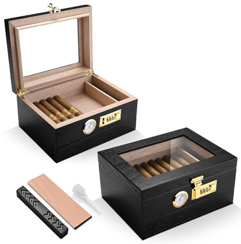 Zigarren Humidor Spanische Zeder Hölzerne Zigarrenbox mit Sicherheitsschloss, Zigarren Desktop Box mit Luftbefeuchter und Hygrometer Halten bis zu 15 Zigarren, Mit Schublade (Schwarz)