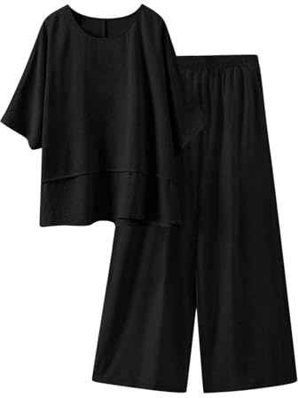 Conjunto Mujer Vestir Dos Piezas,2 Piezas Talla Grande Conjunto de Verano Otoño Algodón y Lino Camiseta de Manga 3/4 y Pantalones Ancho Suelto Oficina Casual Traje Color Sólido Cómodo Set