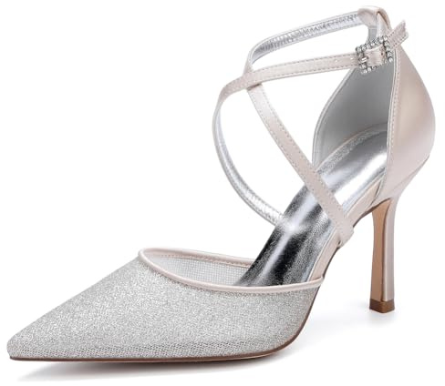 TNMIUH Zapatos De Tacón Alto con Tira Trasera Y Purpurina para Mujer, Punta Puntiaguda, Color Champán Plateado, Hebilla De Cristal, para Novia, Boda, Fiesta O Noche,Champagne,37 EU