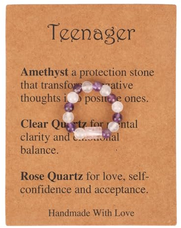 Mikovivi Crystal Bead Rings, Spiritual Protection Ring with Card | Natural Gem Stone Adjustable Stretch Finger Gemstone Jewelry Fashion Lucky Present for Birthday Office Home
