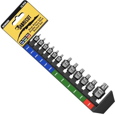 1 x SabreCut SCSK002 12pc Dual Drive Low Profile Torx Plus Socket Set TP10–TP60 – Ultra-Low Profile, 1/4 3/8 1/2 Square Drive + External Hex, S2 Impact Steel, Zinc Phosphate, Storage Rail