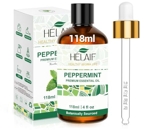 HELAIF Pepparmyntsolja 118ml, Snabb Näsfrihet och Hjärnväckande, Fräsch Doftblandning, Muskelavslappning, Kroppsolja för Oljekontroll, Kylande Tillsats för Hår- och Kroppsvård