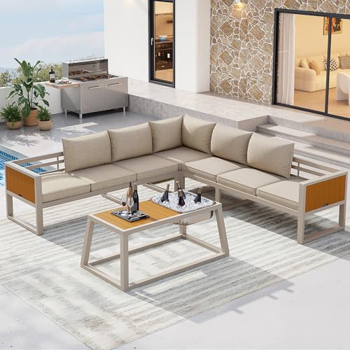 Set di divani componibili da esterno con schienale regolabile, braccioli pieghevoli e contenitore per il ghiaccio in metallo, cuscini spessi 10 cm per patio, balcone, zona piscina, grigio/beige