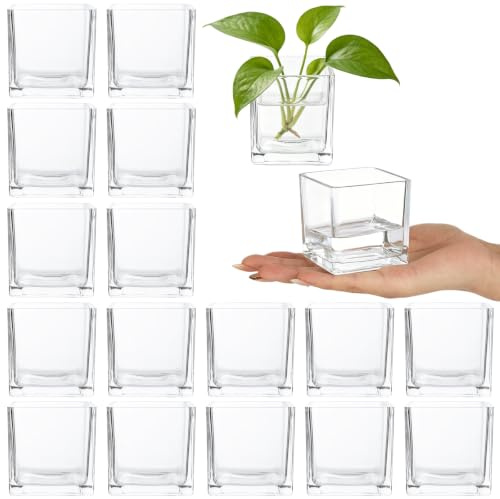 GBACHOOSE 18 Pcs Square Glass Vase Set, 2.4x2.4 inch Glass Vases Bulk for Flowers and Candle Centerpieces, Clear Cube Containers for Wedding Tables, Home Decor and Party Events