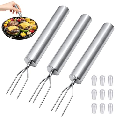 Set di 3 forchette per patate in acciaio inox con tappi protettivi, supporto per patate e forchette per mais, robusti spiedini a tridente per patate, pannocchie, verdure e grigliate, lavabili in