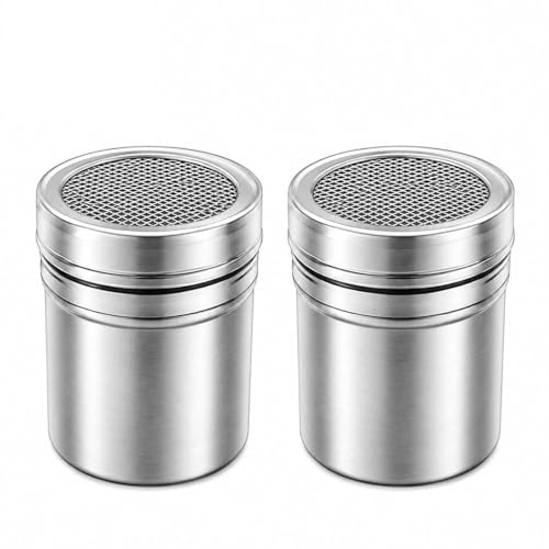 2 PCS Saupoudreuse Sucre Glace et Cacao, Saupoudreuse Chocolat Poudre en Acier Inoxydable avec Couvercle, Saupoudreur de Sucre en Poudre pour Décoration de Pâtisseries et Boissons