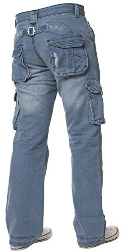 Ze ENZO Pantaloni Jeans Denim Cargo da Combattimento Firmati per Uomo Stonewash Chiaro 34W / 30L