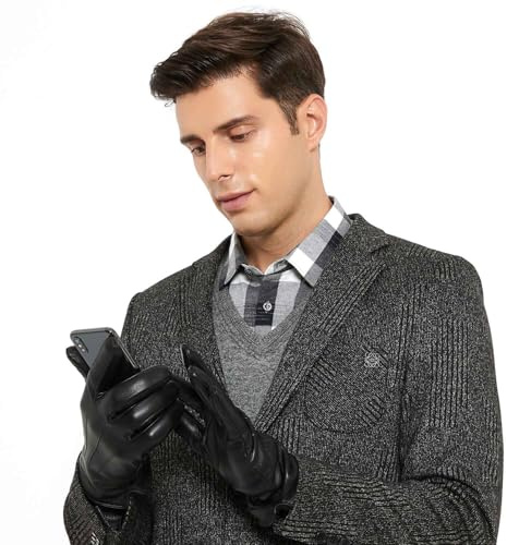 ZLUXURQ Guanti da guida invernali da uomo con touchscreen in pelle di agnello nero morbida foderati in cashmere, comodi e caldi.