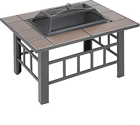 Trueshopping 3-in-1 Garden Fire Pit Table – Square Outdoor Fire Pit with BBQ Table Grill & Ice Bucket – Log Burner for Garden & Patio – Includes Poker, Safety Mesh, Heat-Proof Bowl & Weather Cover