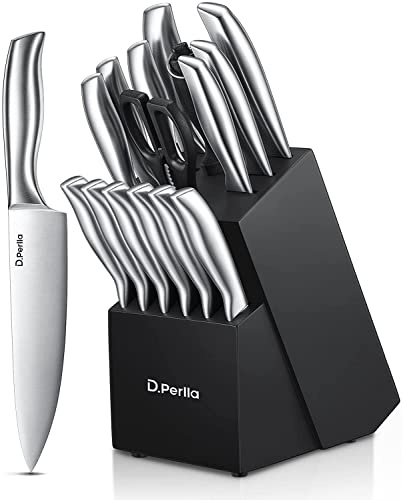 D.Perlla Knife Set, 16 Pieces High Grade Stainless Steel Kitchen Knives Set with Wooden Block, Sharp and No Rust Kitchen Knife Set with Knives, Steak Knives, Scissors, Sharpener