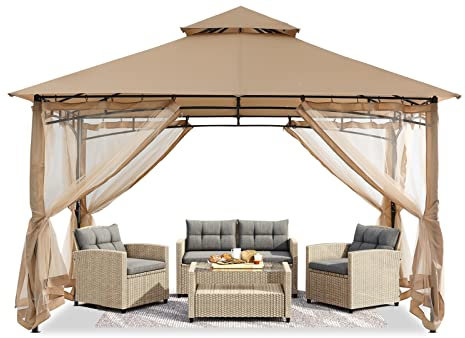 ABCCANOPY 2,4 m x 2,4 m Gartenpavillon für Terrasse Doppeldachweichdach Garten Hinterhof-Pavillon mit Netz für Schatten und Regen,Beige