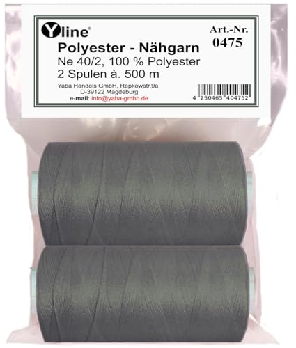 Yline Fil à coudre pour machine à coudre, fil à coudre en polyester, fil Syngarn polyvalent, 1000 m (2 bobines), 0475-19 (anthracite - gris)