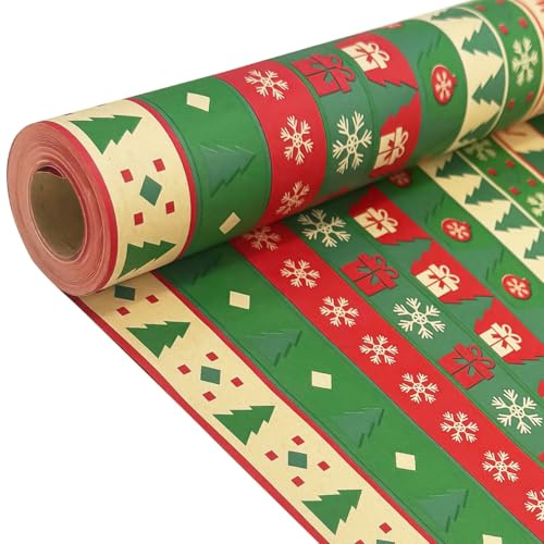 Rollo de papel para envolver regalos para Navidad: papel de regalo Kraft con patrón festivo rojo y verde de 43 cm x 15 m, papel navideño para envolver regalos