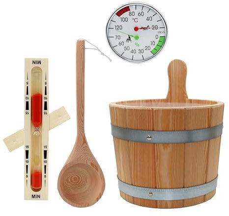 HAF® Set de cubo de sauna de alerce de 5 litros con inserto, paleta de sauna de 40 cm, madera de pino, reloj de arena y medidor climático, cubo de infusión resistente a la humedad, accesorios para