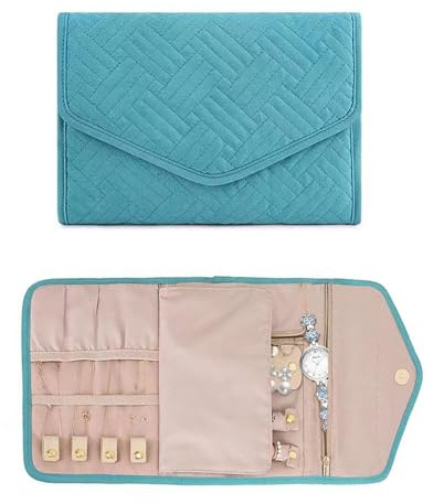FUZVOL Travel Jewellery Organiser Roll, Foldable Jewelry Storage Roll Bag case for Journey-Rings, Necklaces, Earrings, Bracelets, Large Capacity, Portable and Practical Blue