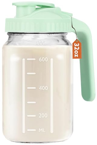 Mihlapi Brocca per latte materno, 907,2 g, brocca in vetro con coperchio a doppia prova di perdite, 1 litro di latte materno per frigorifero, brocca in vetro per tè, succo di frutta, caffè freddo