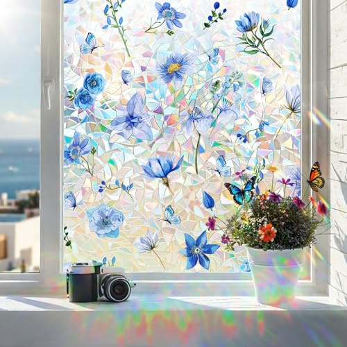 Coavas Stained Glass Window Privacy Film, 3D Rainbow Floral, 17.5 x 78.7