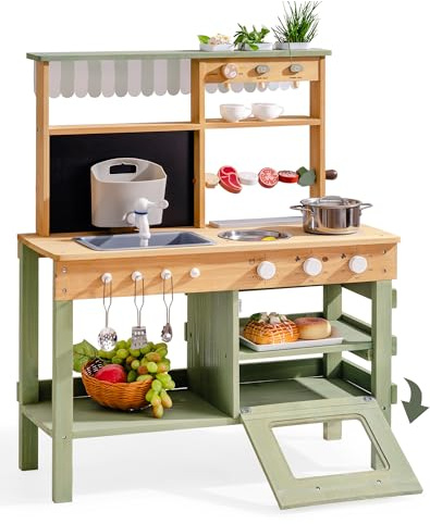 ROBUD Mud Kitchen for Kids Outdoor, BBQ Grill Solid Wood Outdoor Play Kitchen, Green Kids Mud Kitchen with Working Water Tap, Blackboard, Garden Sink, Monteeori Toys for Children Ages 3+, WH003-2