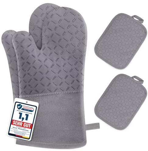 Set di 4 Guanti da Forno e Presine da Cucina - MILcea Guanti Forno Alta Temperatura Fino a 300°C, Silicone Antiscivolo, Morbido, Guanto da Forno Estesi per Cucinare, Grigliare, Cuocere, Grigio