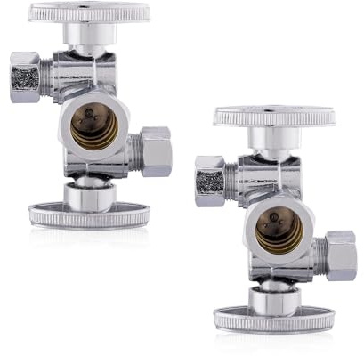 Niikappu 1/2 NOM(5/8) x 3/8 OD x 3/8 OD Dual Outlet Compression Stop Valve, 2 Pack 1/4 Turn Angle Valve with 2 Shut Off Valves/Handles, Water Supply Valve for Toilet Bidet, Sink, Water Filter