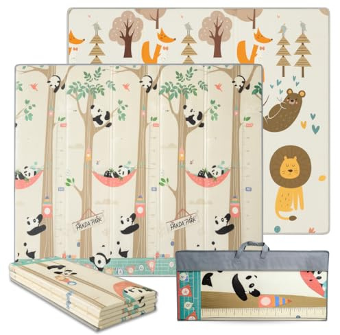 BATHBY Alfombra de Bebé Impermeable Acolchada 1 cm Antideslizante Plegable 200x180 cm Reversible con Diseño Educativo para Gatear y Jugar, Incluye Bolsa Portátil para Llevar y Guardar (Pandas/Bosque)