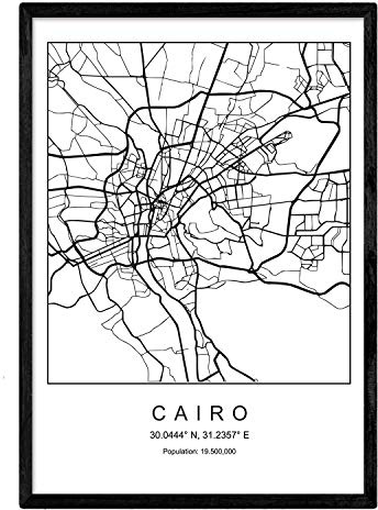 Nacnic Lámina Mapa de la Ciudad Cairo Estilo nordico en Blanco y Negro. Poster tamaño A3 Sin Marco Impreso Papel 250 gr. Cuadros, láminas y Posters para Salon y Dormitorio
