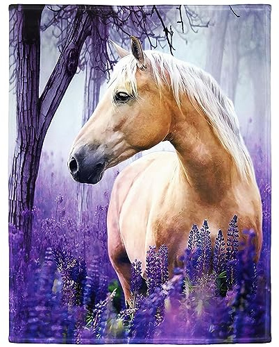 HommomH 40x50 Palomino Horse Blanket with Purple Lavender, Super Soft Fleece Throw Blankets for Girls Women